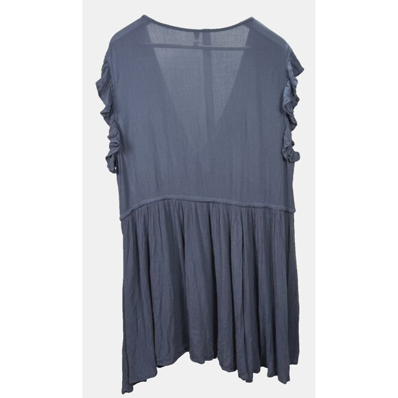 Elan Boho Ruffle Mini Dress XL Blue Crinkle Drawstring Coverup Cottagecore - Picture 2 of 8